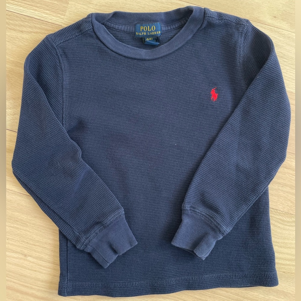 Boys size 4 Ralph Lauren Polo Navy Blue Waffle Knit Cotton Long Sleeve Shirt